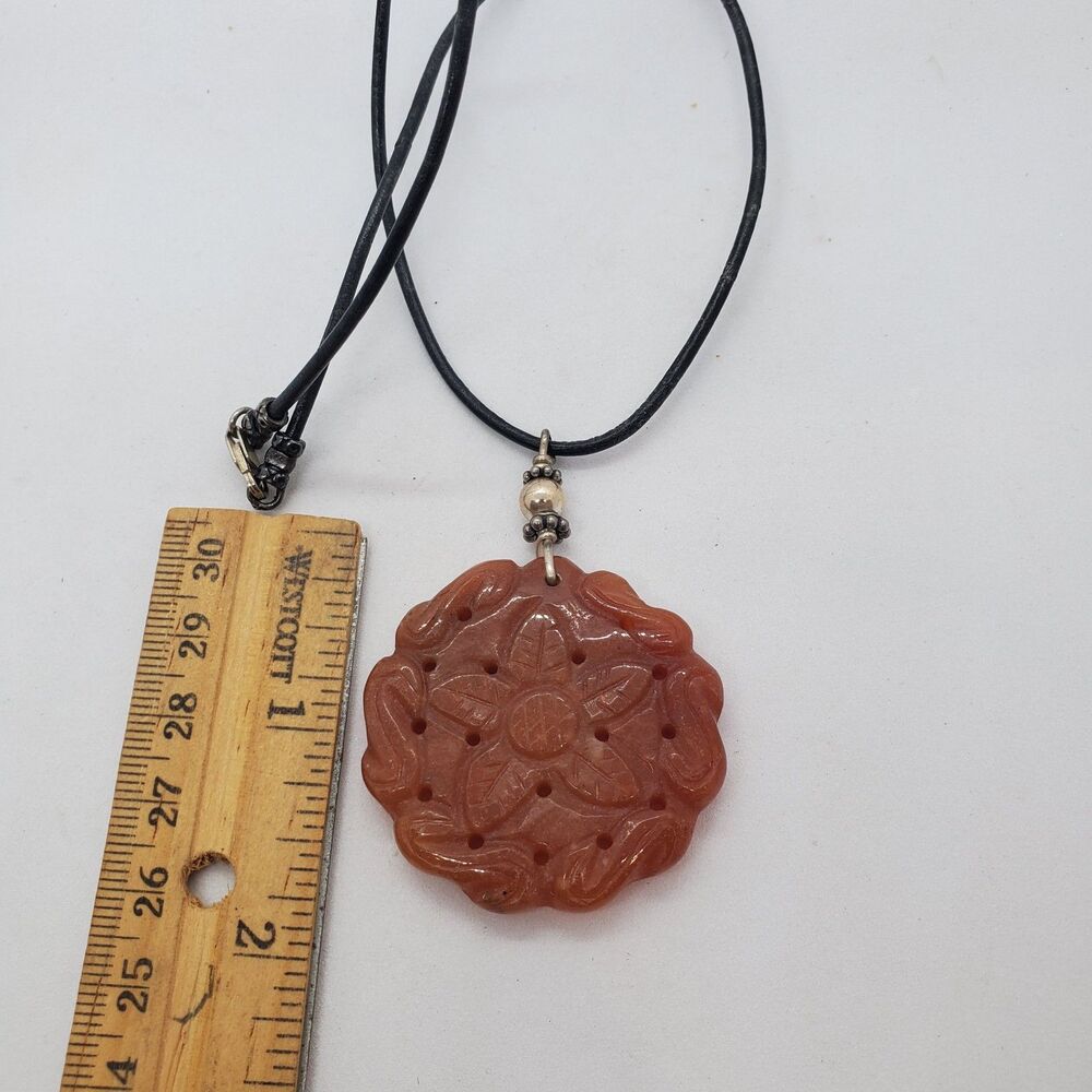 Sterling Silver and Carved Carnelian Flower Pendant with Cord Necklace 16" 925